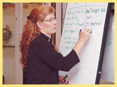 Woman writing on dry erase board